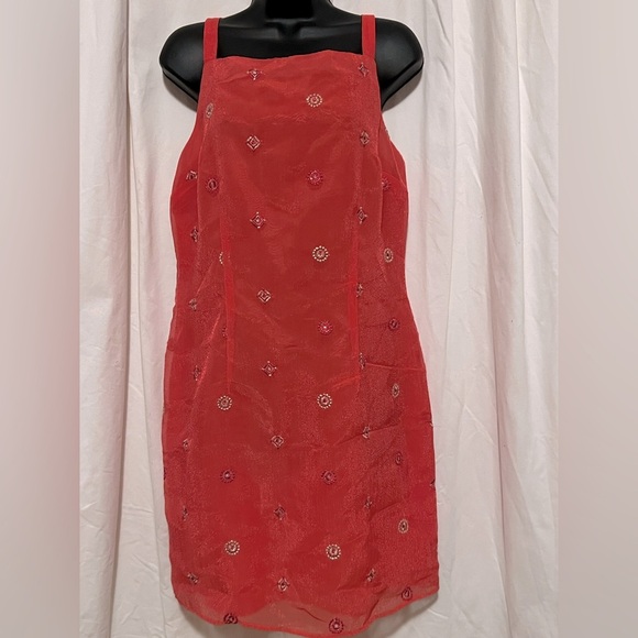 Vintage Dawn Joye Orange/Salmon Strappy Embroidered Lined Midi Dress Sz 13/14 - Picture 1 of 4